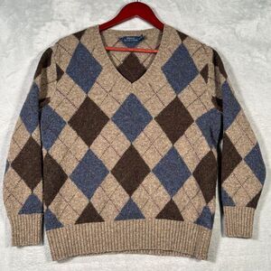 Ralph Lauren Sweater Mens Medium Brown Argyle Wool Diamond V Neck Jumper